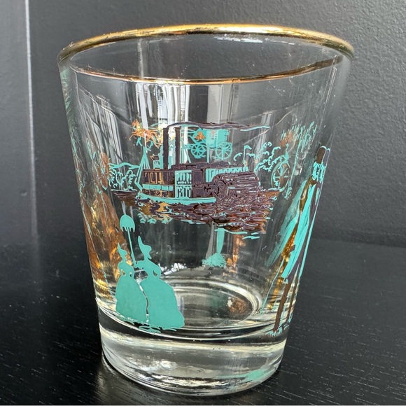 4 MCM Turquoise Gold Tumbler Drinking Whiskey Glass Steamboat Lamplighter 70s - Picture 3 of 4